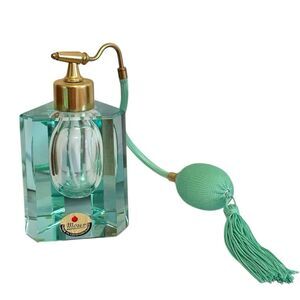 Moser Czechoslovakia Antique Art Deco Large Perfume Bottle Atomizer 1920s Blue